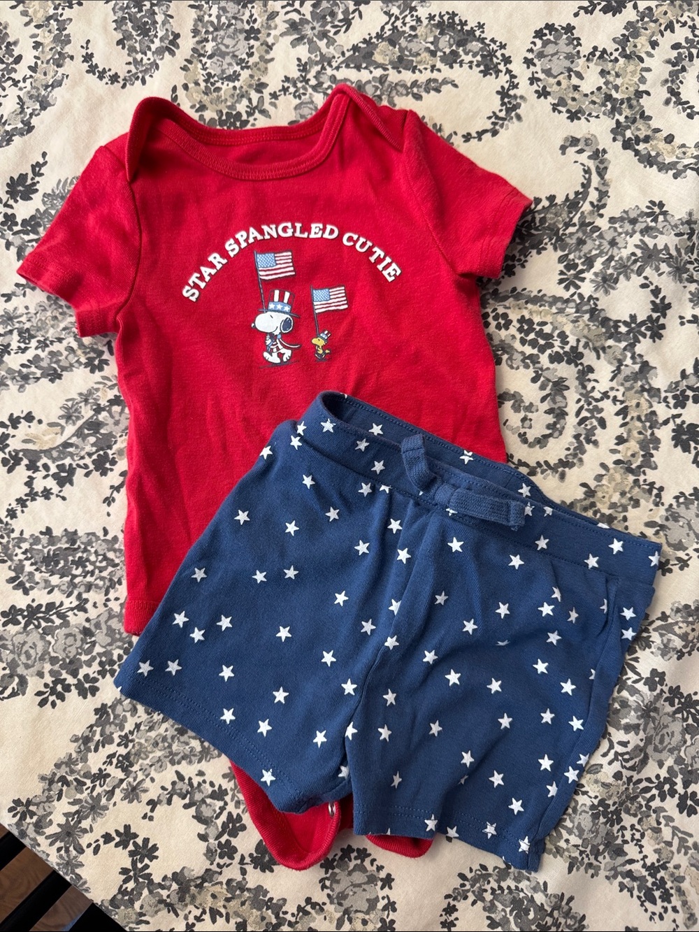 jumping beans Red Snoopy 'Star Spangled Cutie' Bodysuit with Navy Star Shorts